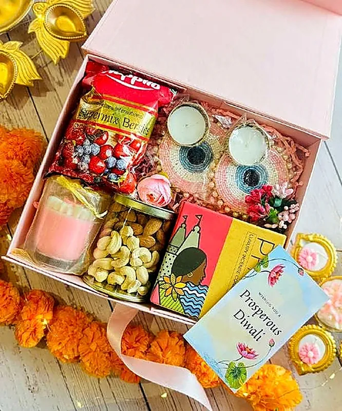 Ananda — Pastel luxury magnetic flip box with dry fruit jar, mixed berries & evil eye diyas