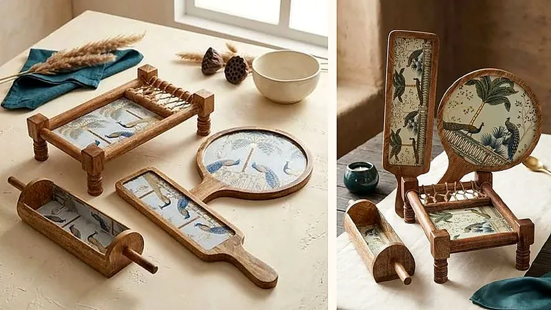 Wooden Chowki Trays & Peacock Serving Boards — Artisan carved wooden chowki pedestals & enamel peacock serving platters