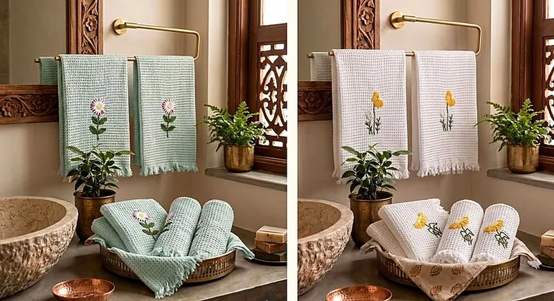 Waffle-Weave Embroidered Towels (Mint & White) — 100% pure combed cotton waffle-weave towels with delicate floral embroidery