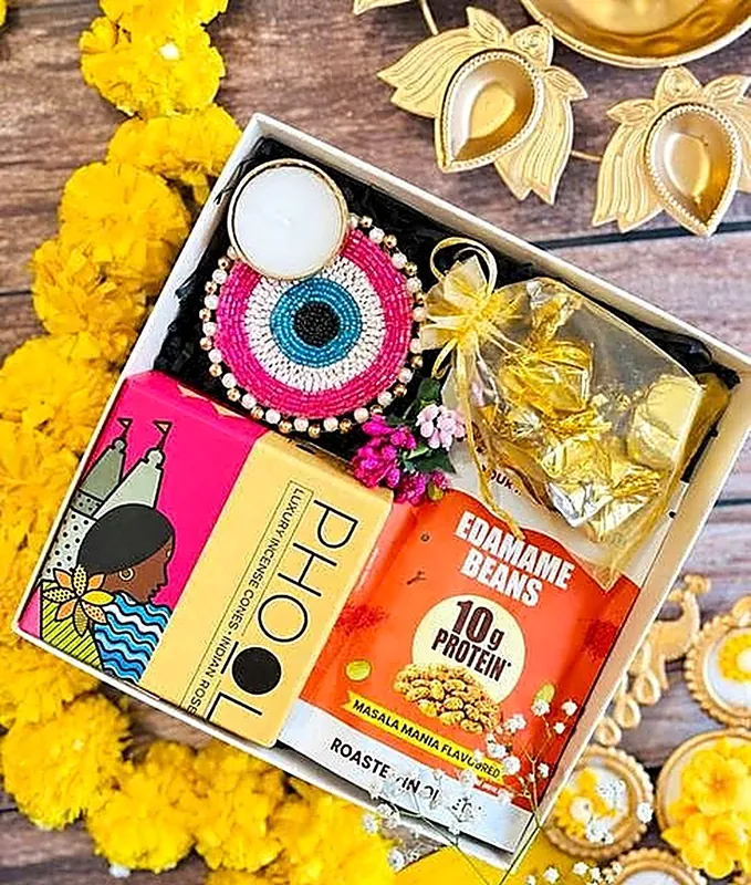 Mangalam — Phool incense cones, evil eye diya, almond chocolates & roasted edamame