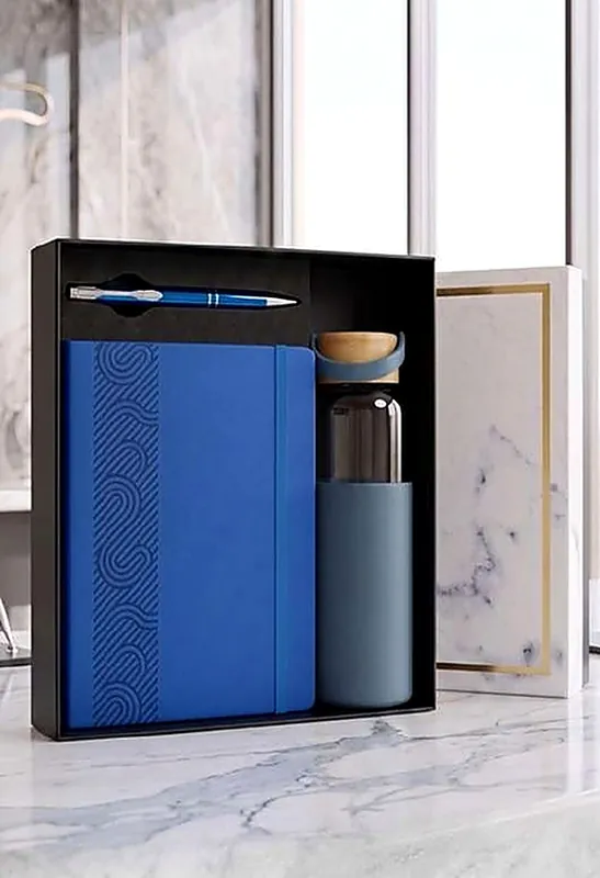 Niyati — Cobalt blue geometric planner, frosted glass bottle & ballpoint pen