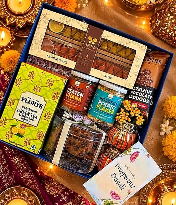 Samriddhi — Grand royal hamper box packed with Flurys tea, hazelnut laddoos & dumbroo diyas