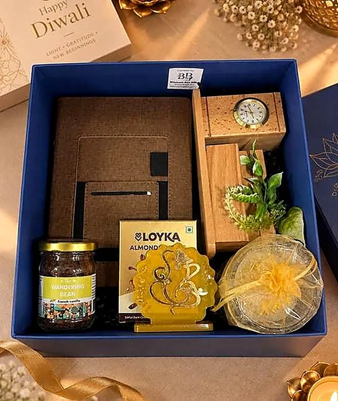 Vaibhav — Opulent executive gift box with desk clock, Ganesha stand & Loyka almond brittle